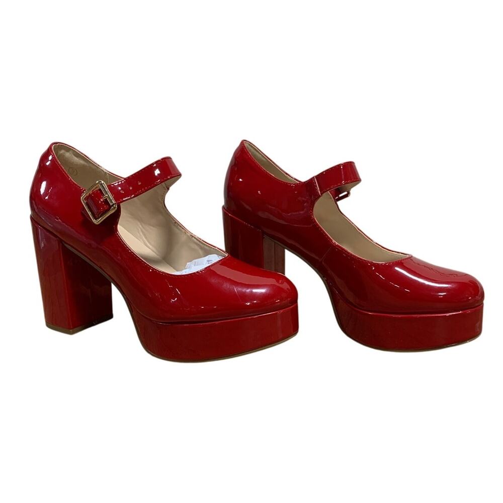 Coutgo Womens Size 9 Red 4" Heels Mary Jane Round Closed Toe Buckle Strap Shoes - Picture 4 of 9